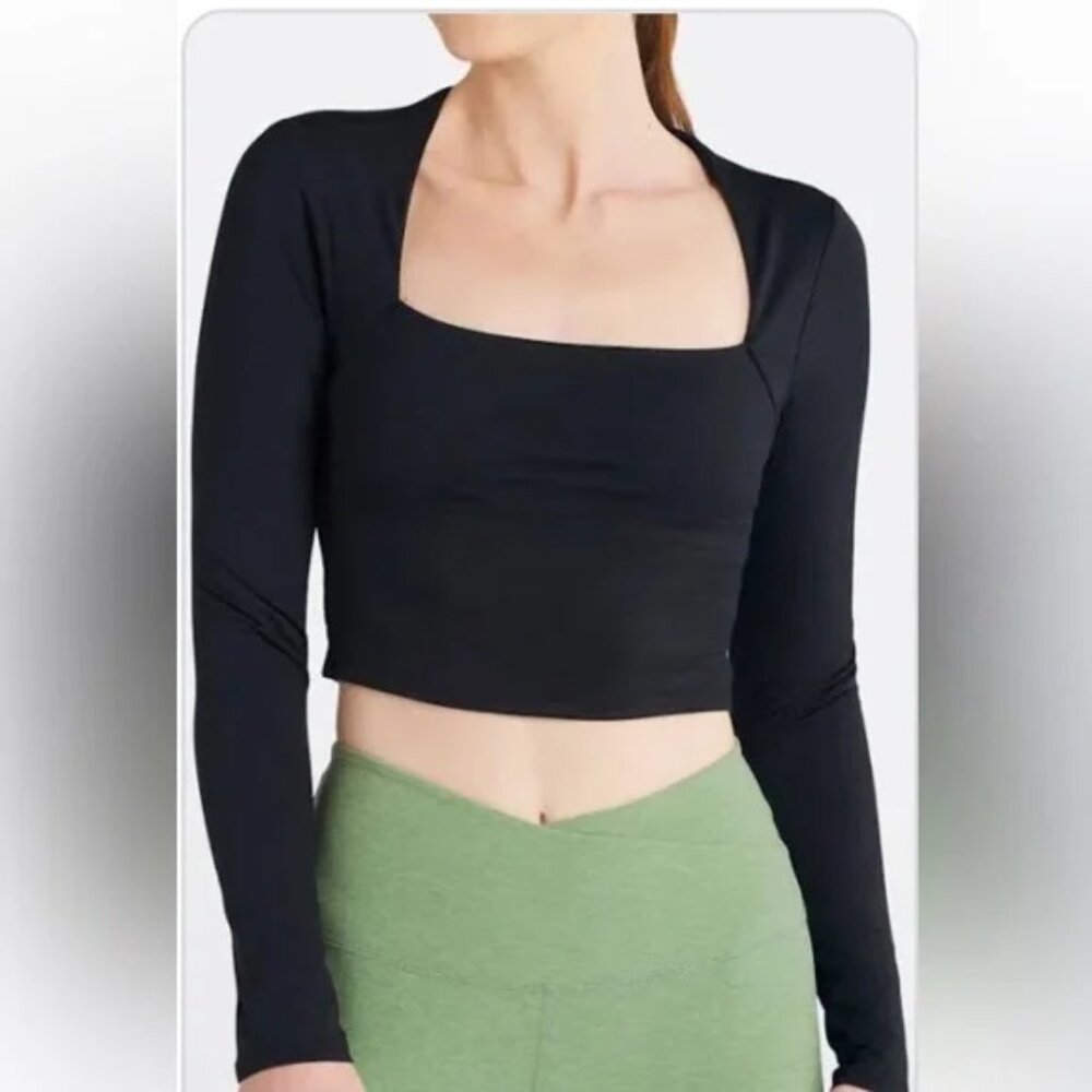 NWT BEYOND YOGA HEATHER RIB CROPPED PULLOVER TOP, SMALL